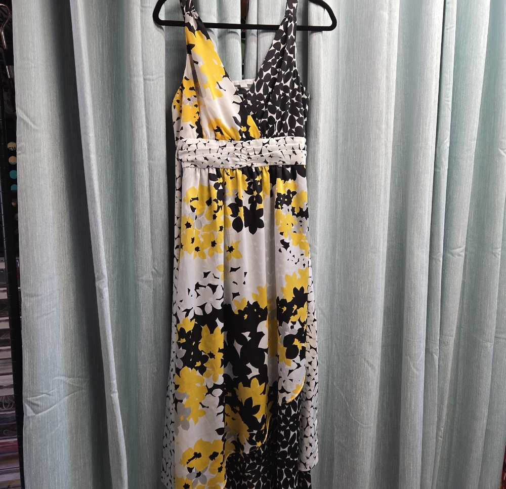 New York & Company Yellow Black White Floral High-Low Maxi Dress
